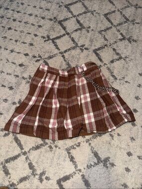 Forever 21 Brown Plaid Skater Mini Skirt with Pink Stripe & Chain